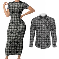 Eleele Hawaii Iwa Bird Palaka Motifs Couples Matching Short Sleeve Bodycon Dress and Long Sleeve Button Shirt LT14 Black - Polynesian Pride