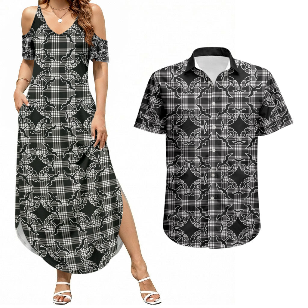 Eleele Hawaii Iwa Bird Palaka Motifs Couples Matching Summer Maxi Dress and Hawaiian Shirt LT14 Black - Polynesian Pride