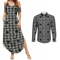 Eleele Hawaii Iwa Bird Palaka Motifs Couples Matching Summer Maxi Dress and Long Sleeve Button Shirt LT14 Black - Polynesian Pride