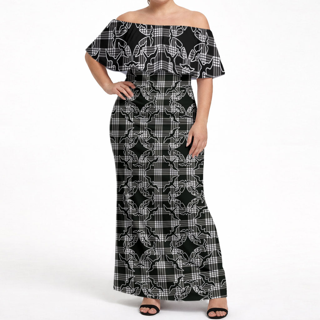 Eleele Hawaii Iwa Bird Palaka Motifs Off Shoulder Maxi Dress LT14 Women Black - Polynesian Pride
