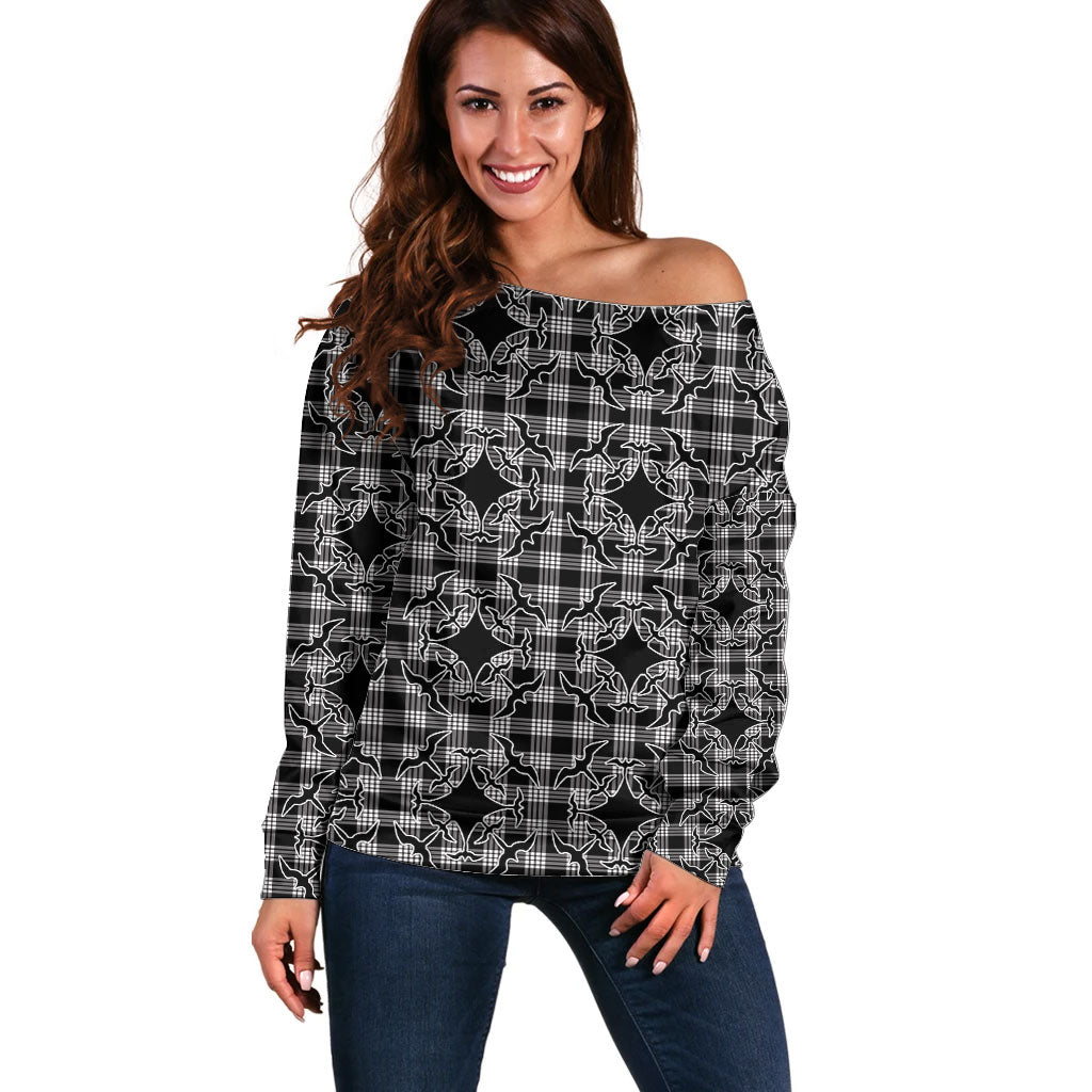 Eleele Hawaii Iwa Bird Palaka Motifs Off Shoulder Sweater LT14 Women Black - Polynesian Pride