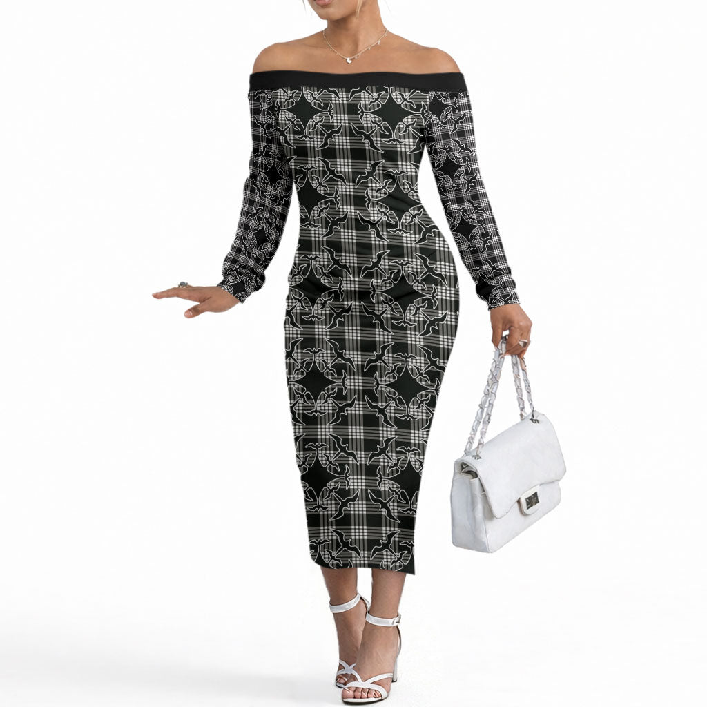 Eleele Hawaii Iwa Bird Palaka Motifs Off The Shoulder Long Sleeve Dress LT14 Women Black - Polynesian Pride