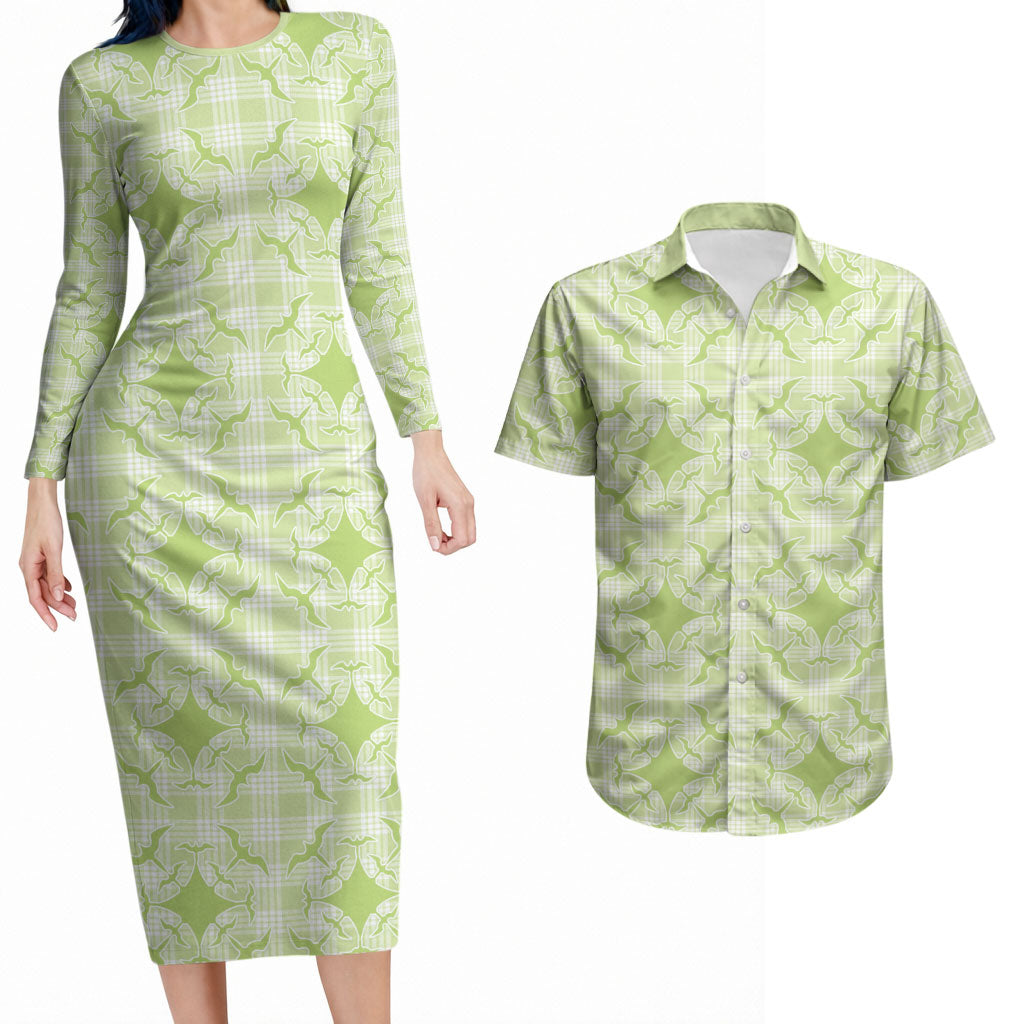 Omaomao Hawaii Iwa Bird Palaka Motifs Couples Matching Long Sleeve Bodycon Dress and Hawaiian Shirt LT14 Green - Polynesian Pride