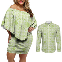 Omaomao Hawaii Iwa Bird Palaka Motifs Couples Matching Off Shoulder Short Dress and Long Sleeve Button Shirt LT14 Green - Polynesian Pride