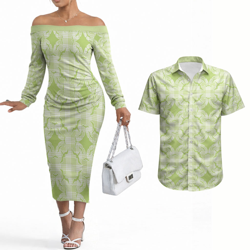 Omaomao Hawaii Iwa Bird Palaka Motifs Couples Matching Off The Shoulder Long Sleeve Dress and Hawaiian Shirt LT14 Green - Polynesian Pride