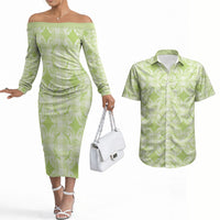 Omaomao Hawaii Iwa Bird Palaka Motifs Couples Matching Off The Shoulder Long Sleeve Dress and Hawaiian Shirt LT14 Green - Polynesian Pride