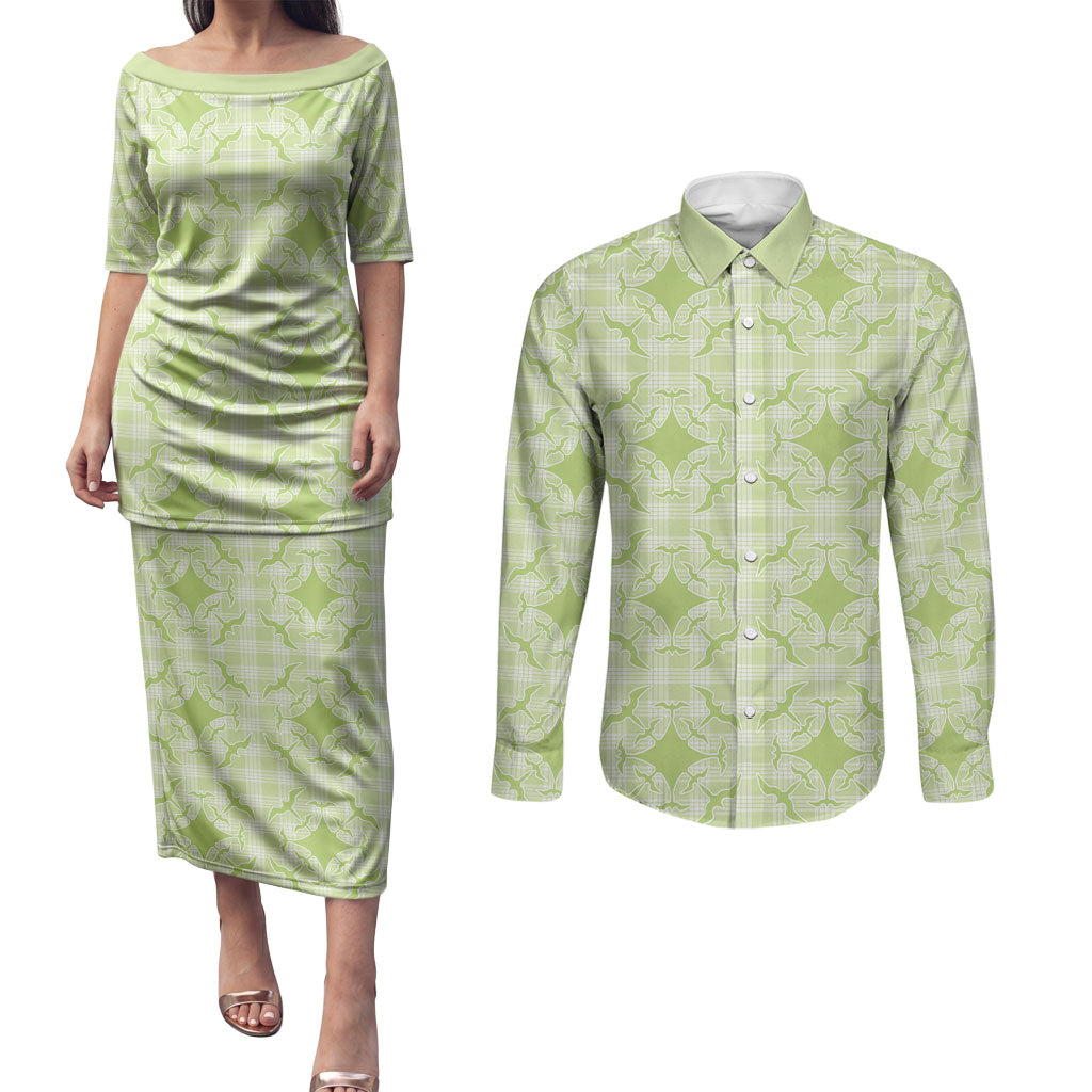 Omaomao Hawaii Iwa Bird Palaka Motifs Couples Matching Puletasi and Long Sleeve Button Shirt LT14 Green - Polynesian Pride