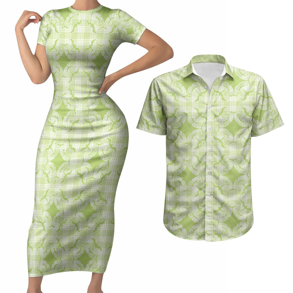 Omaomao Hawaii Iwa Bird Palaka Motifs Couples Matching Short Sleeve Bodycon Dress and Hawaiian Shirt LT14 Green - Polynesian Pride