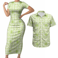 Omaomao Hawaii Iwa Bird Palaka Motifs Couples Matching Short Sleeve Bodycon Dress and Hawaiian Shirt LT14 Green - Polynesian Pride
