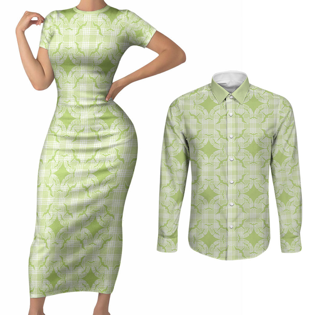 Omaomao Hawaii Iwa Bird Palaka Motifs Couples Matching Short Sleeve Bodycon Dress and Long Sleeve Button Shirt LT14 Green - Polynesian Pride