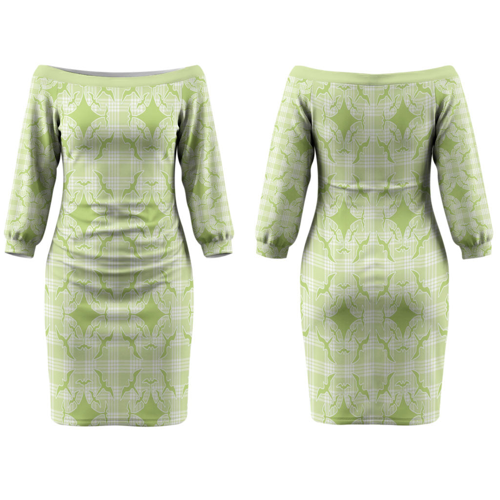 Omaomao Hawaii Iwa Bird Palaka Motifs Family Matching Off The Shoulder Long Sleeve Dress and Hawaiian Shirt LT14 Mom's Dress Green - Polynesian Pride