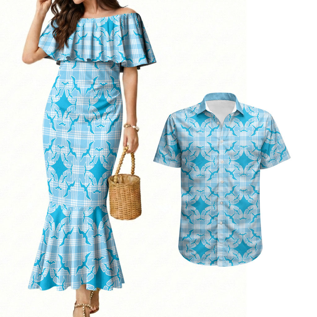 Polu Hawaii Iwa Bird Palaka Motifs Couples Matching Mermaid Dress and Hawaiian Shirt LT14 Blue - Polynesian Pride