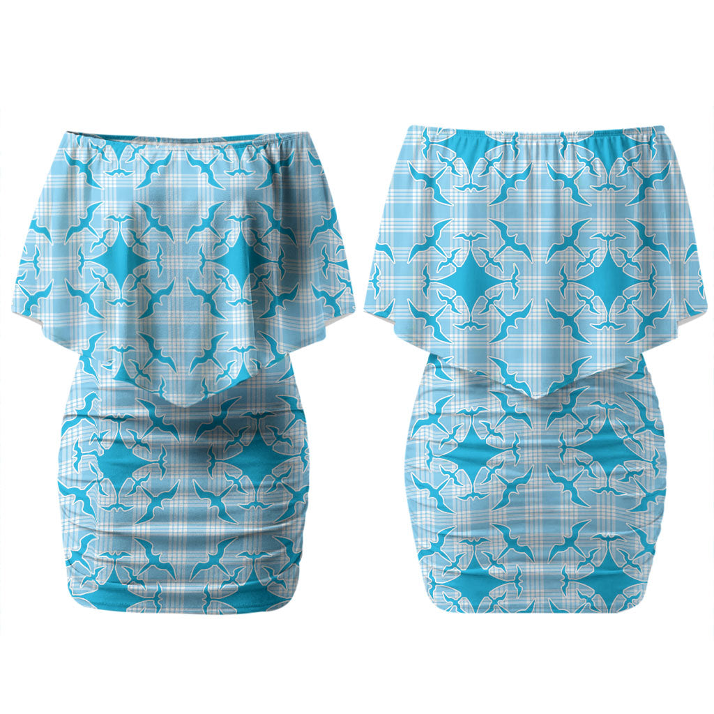 Polu Hawaii Iwa Bird Palaka Motifs Couples Matching Off Shoulder Short Dress and Hawaiian Shirt LT14 - Polynesian Pride