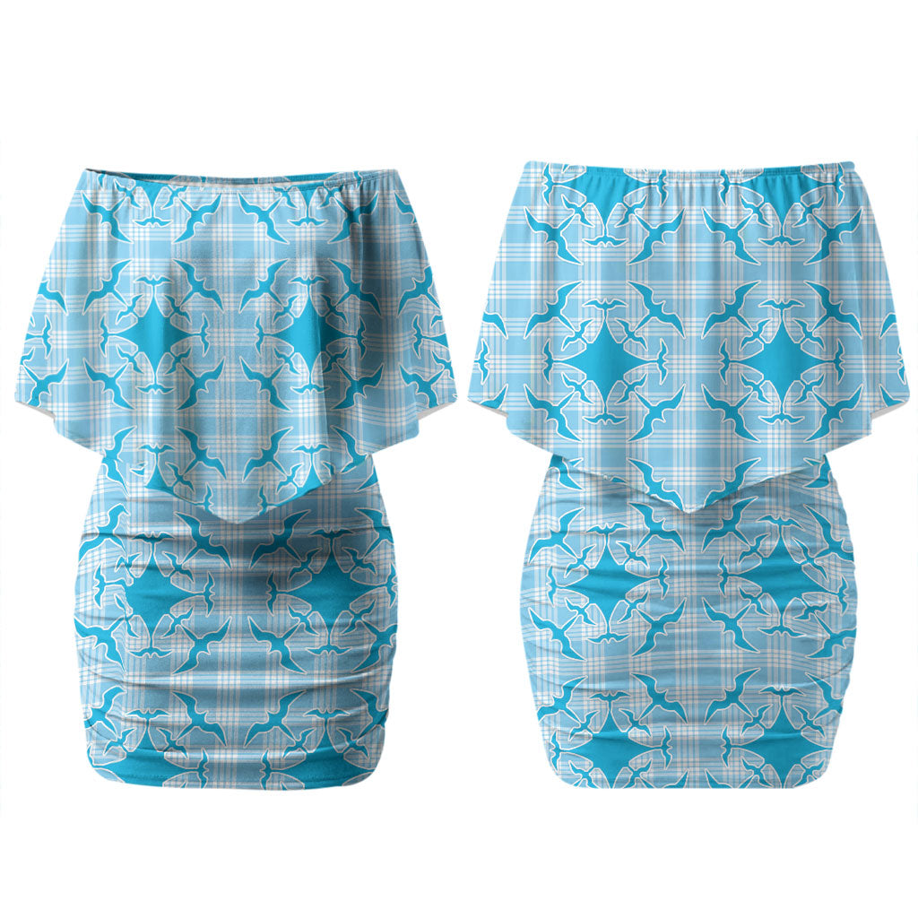 Polu Hawaii Iwa Bird Palaka Motifs Couples Matching Off Shoulder Short Dress and Long Sleeve Button Shirt LT14 - Polynesian Pride