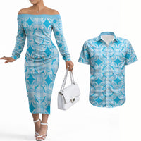 Polu Hawaii Iwa Bird Palaka Motifs Couples Matching Off The Shoulder Long Sleeve Dress and Hawaiian Shirt LT14 Blue - Polynesian Pride
