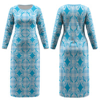 Polu Hawaii Iwa Bird Palaka Motifs Family Matching Long Sleeve Bodycon Dress and Hawaiian Shirt LT14 Mom's Dress Blue - Polynesian Pride