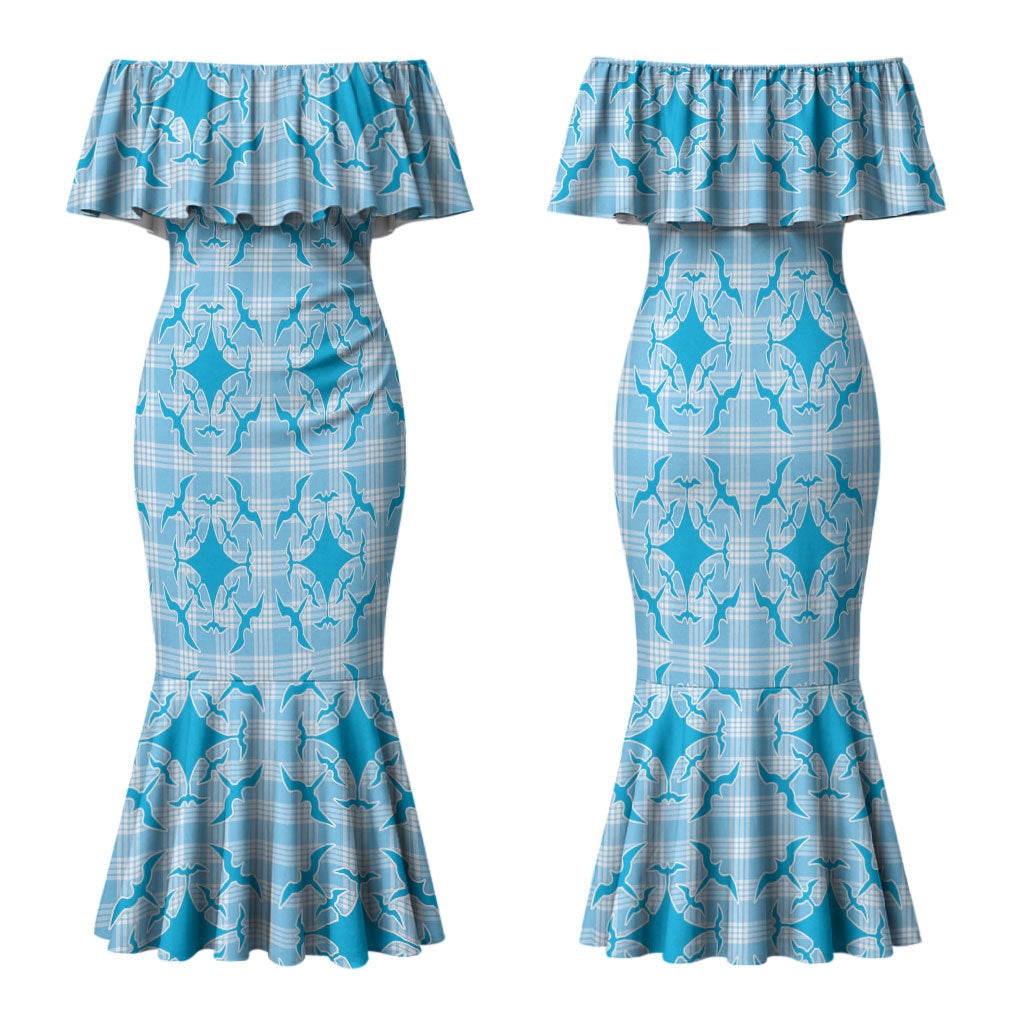 Polu Hawaii Iwa Bird Palaka Motifs Family Matching Mermaid Dress and Hawaiian Shirt LT14 Mom's Dress Blue - Polynesian Pride