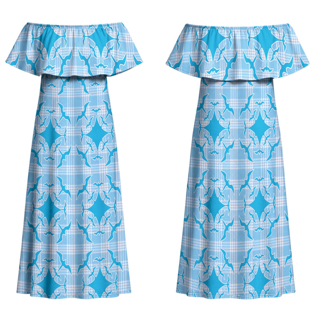 Polu Hawaii Iwa Bird Palaka Motifs Family Matching Off Shoulder Maxi Dress and Hawaiian Shirt LT14 Mom's Dress Blue - Polynesian Pride