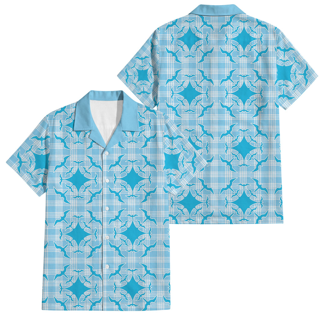 Polu Hawaii Iwa Bird Palaka Motifs Family Matching Off Shoulder Maxi Dress and Hawaiian Shirt LT14 Dad's Shirt - Short Sleeve Blue - Polynesian Pride