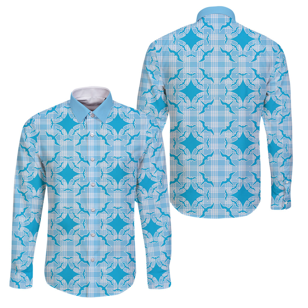Polu Hawaii Iwa Bird Palaka Motifs Family Matching Off Shoulder Maxi Dress and Hawaiian Shirt LT14 Dad's Shirt - Long Sleeve Blue - Polynesian Pride
