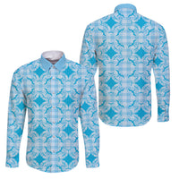Polu Hawaii Iwa Bird Palaka Motifs Family Matching Off Shoulder Maxi Dress and Hawaiian Shirt LT14 Dad's Shirt - Long Sleeve Blue - Polynesian Pride