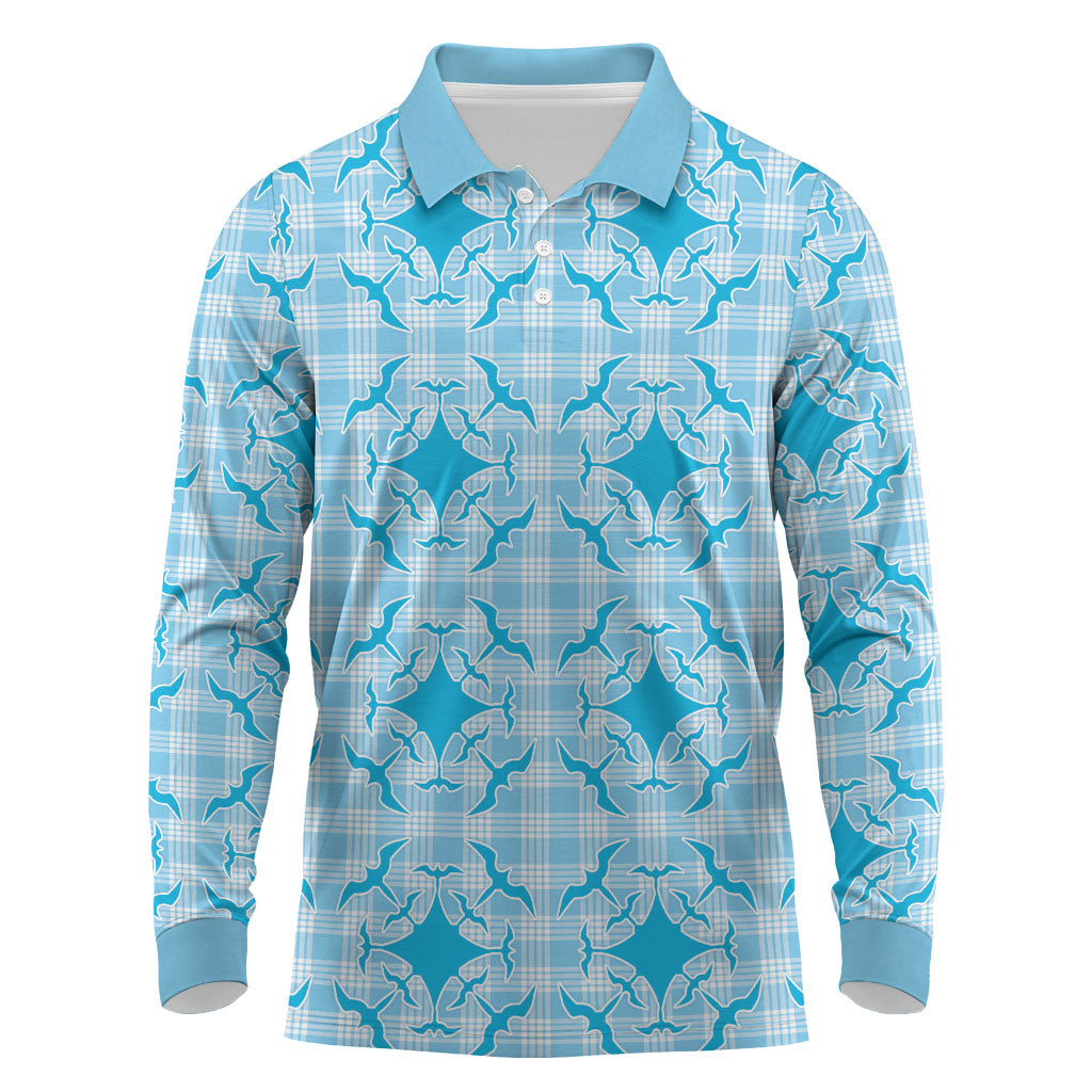 Polu Hawaii Iwa Bird Palaka Motifs Long Sleeve Polo Shirt LT14 Blue - Polynesian Pride