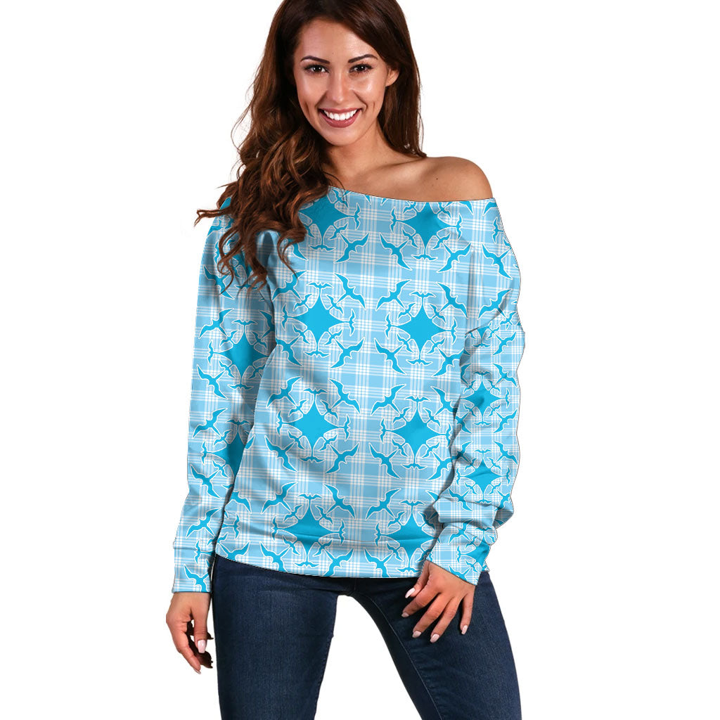 Polu Hawaii Iwa Bird Palaka Motifs Off Shoulder Sweater LT14 Women Blue - Polynesian Pride