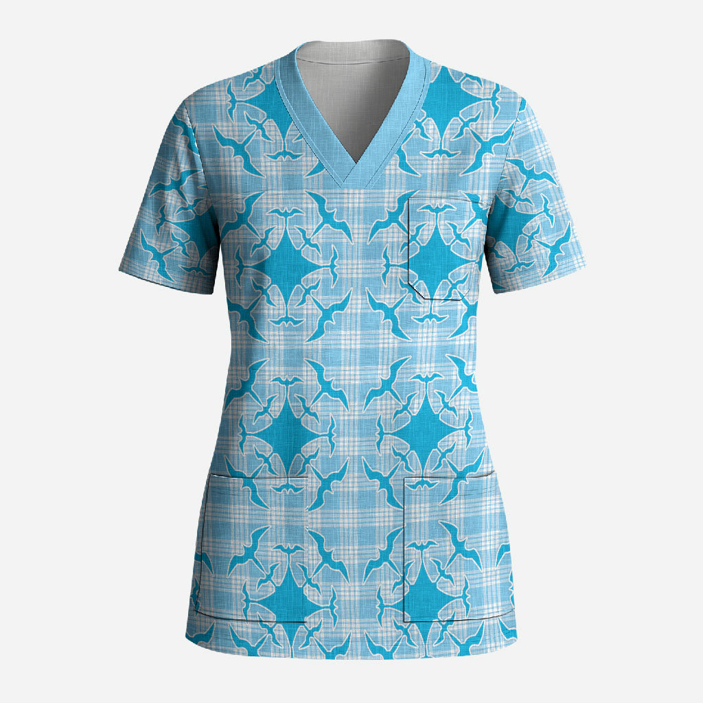 Polu Hawaii Iwa Bird Palaka Motifs Scrub Top LT14 Adult Blue - Polynesian Pride