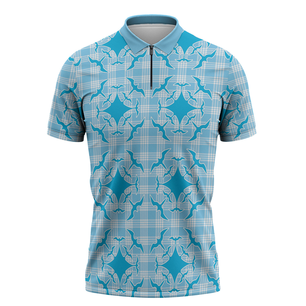 Polu Hawaii Iwa Bird Palaka Motifs Zipper Polo Shirt LT14 Blue - Polynesian Pride
