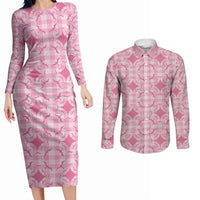Alaka Hawaii Iwa Bird Palaka Motifs Couples Matching Long Sleeve Bodycon Dress and Long Sleeve Button Shirt LT14 Pink - Polynesian Pride