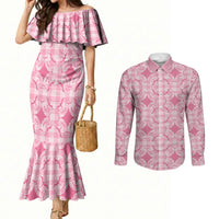 Alaka Hawaii Iwa Bird Palaka Motifs Couples Matching Mermaid Dress and Long Sleeve Button Shirt LT14 Pink - Polynesian Pride