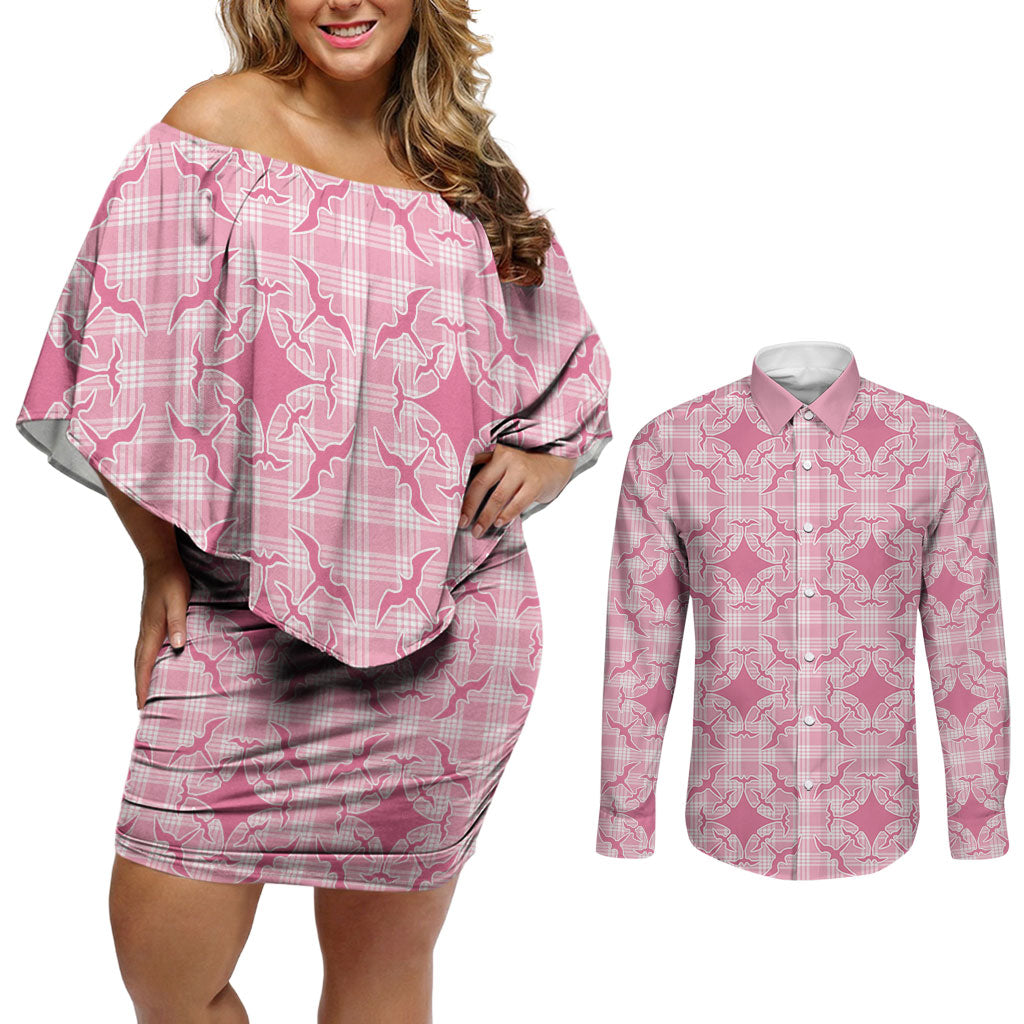 Alaka Hawaii Iwa Bird Palaka Motifs Couples Matching Off Shoulder Short Dress and Long Sleeve Button Shirt LT14 Pink - Polynesian Pride