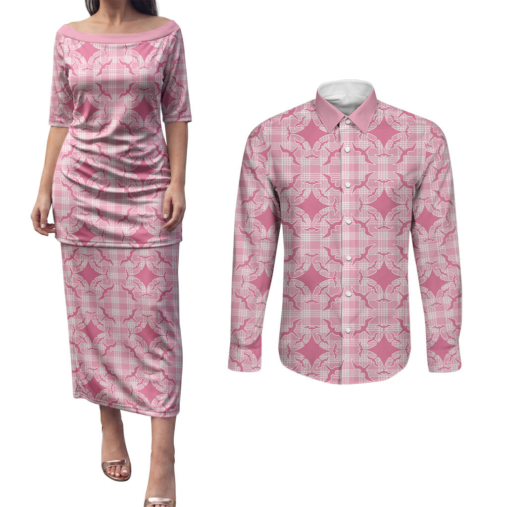Alaka Hawaii Iwa Bird Palaka Motifs Couples Matching Puletasi and Long Sleeve Button Shirt LT14 Pink - Polynesian Pride