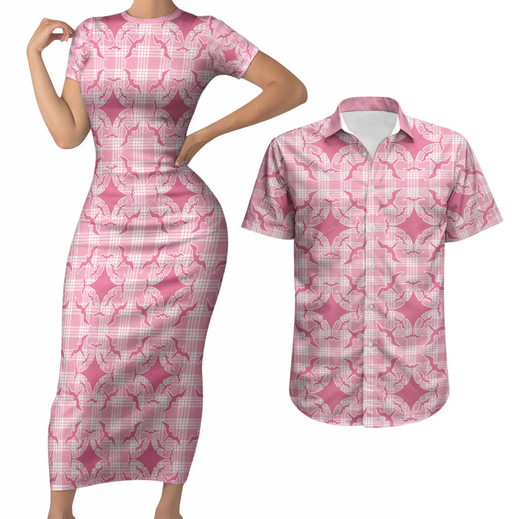 Alaka Hawaii Iwa Bird Palaka Motifs Couples Matching Short Sleeve Bodycon Dress and Hawaiian Shirt LT14 Pink - Polynesian Pride