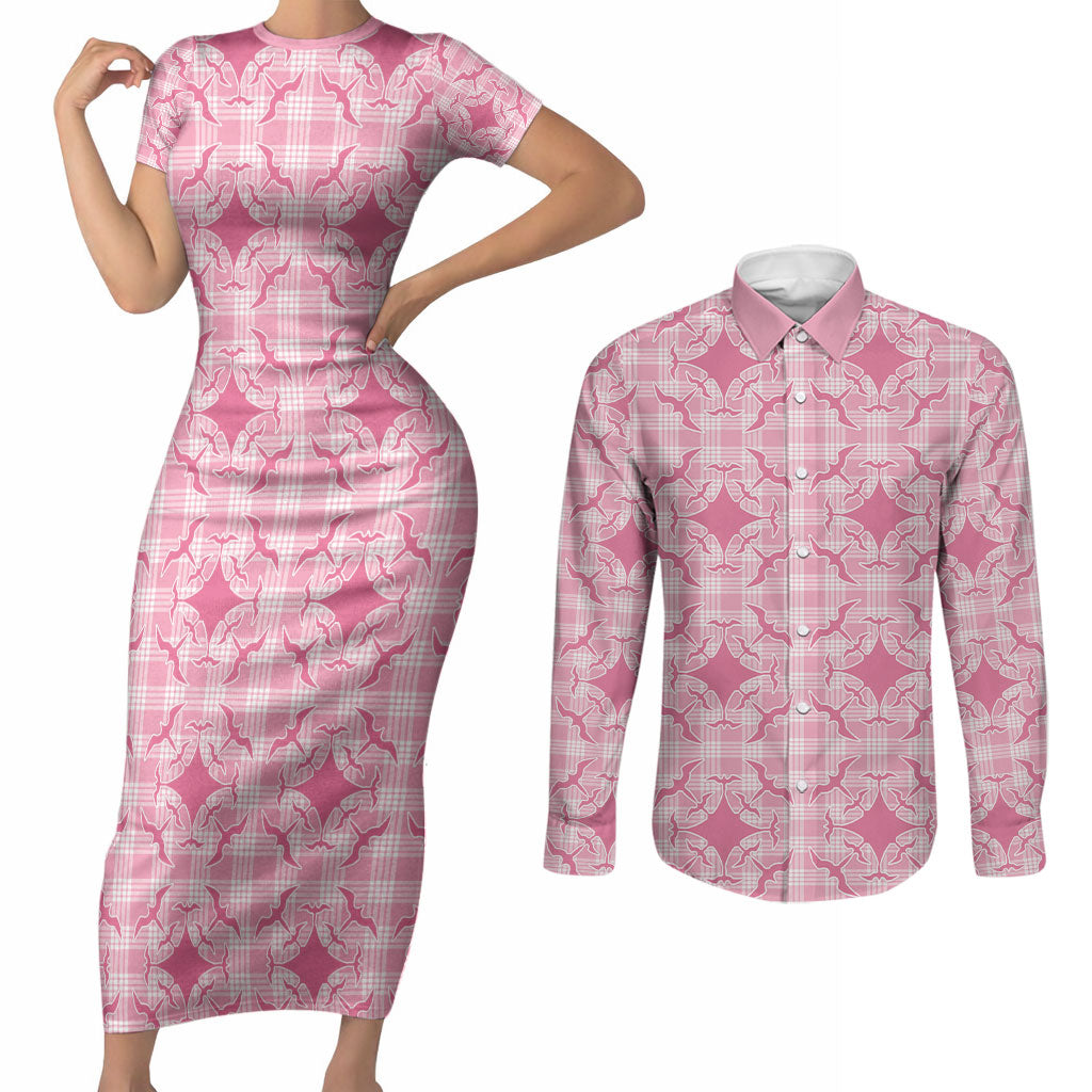 Alaka Hawaii Iwa Bird Palaka Motifs Couples Matching Short Sleeve Bodycon Dress and Long Sleeve Button Shirt LT14 Pink - Polynesian Pride