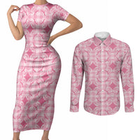 Alaka Hawaii Iwa Bird Palaka Motifs Couples Matching Short Sleeve Bodycon Dress and Long Sleeve Button Shirt LT14 Pink - Polynesian Pride