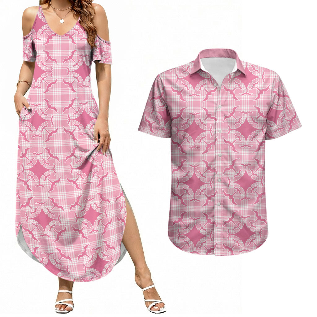 Alaka Hawaii Iwa Bird Palaka Motifs Couples Matching Summer Maxi Dress and Hawaiian Shirt LT14 Pink - Polynesian Pride