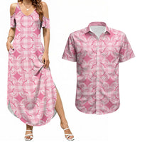 Alaka Hawaii Iwa Bird Palaka Motifs Couples Matching Summer Maxi Dress and Hawaiian Shirt LT14 Pink - Polynesian Pride