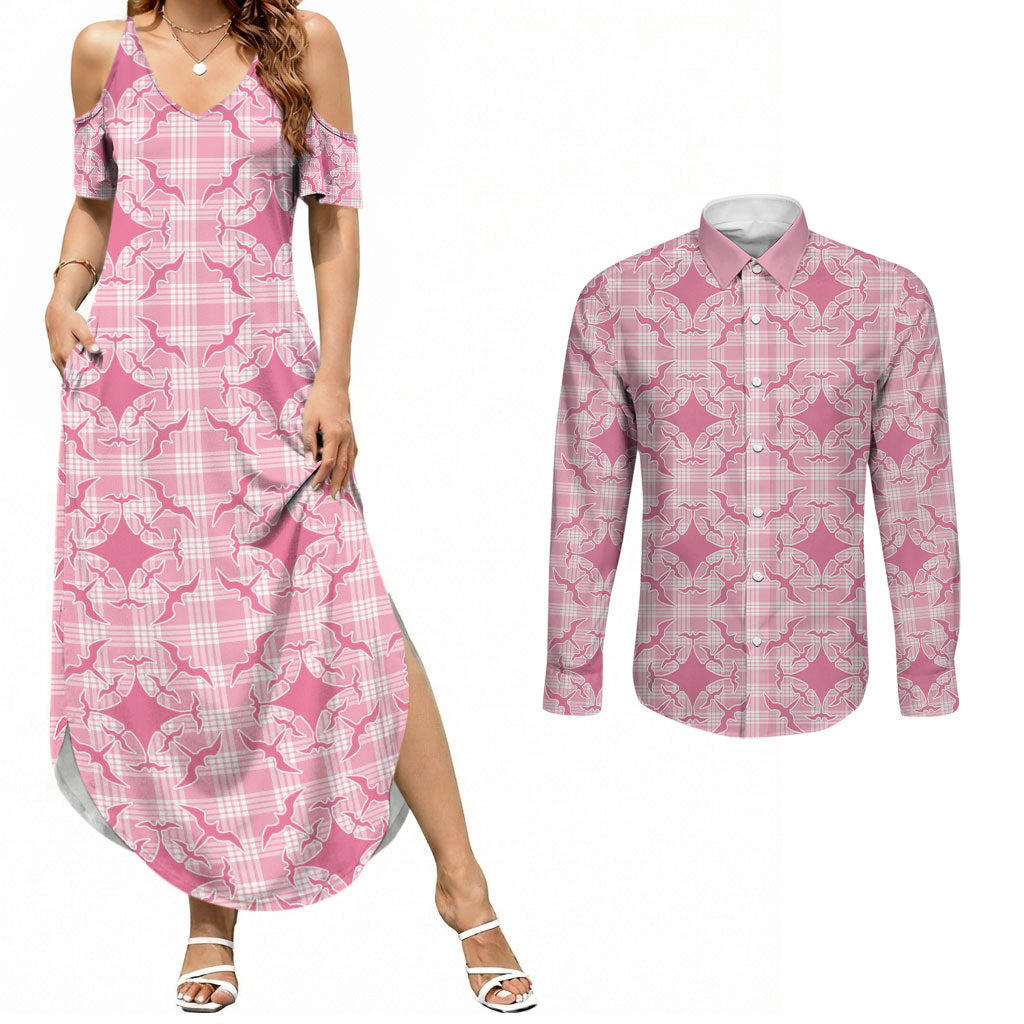 Alaka Hawaii Iwa Bird Palaka Motifs Couples Matching Summer Maxi Dress and Long Sleeve Button Shirt LT14 Pink - Polynesian Pride