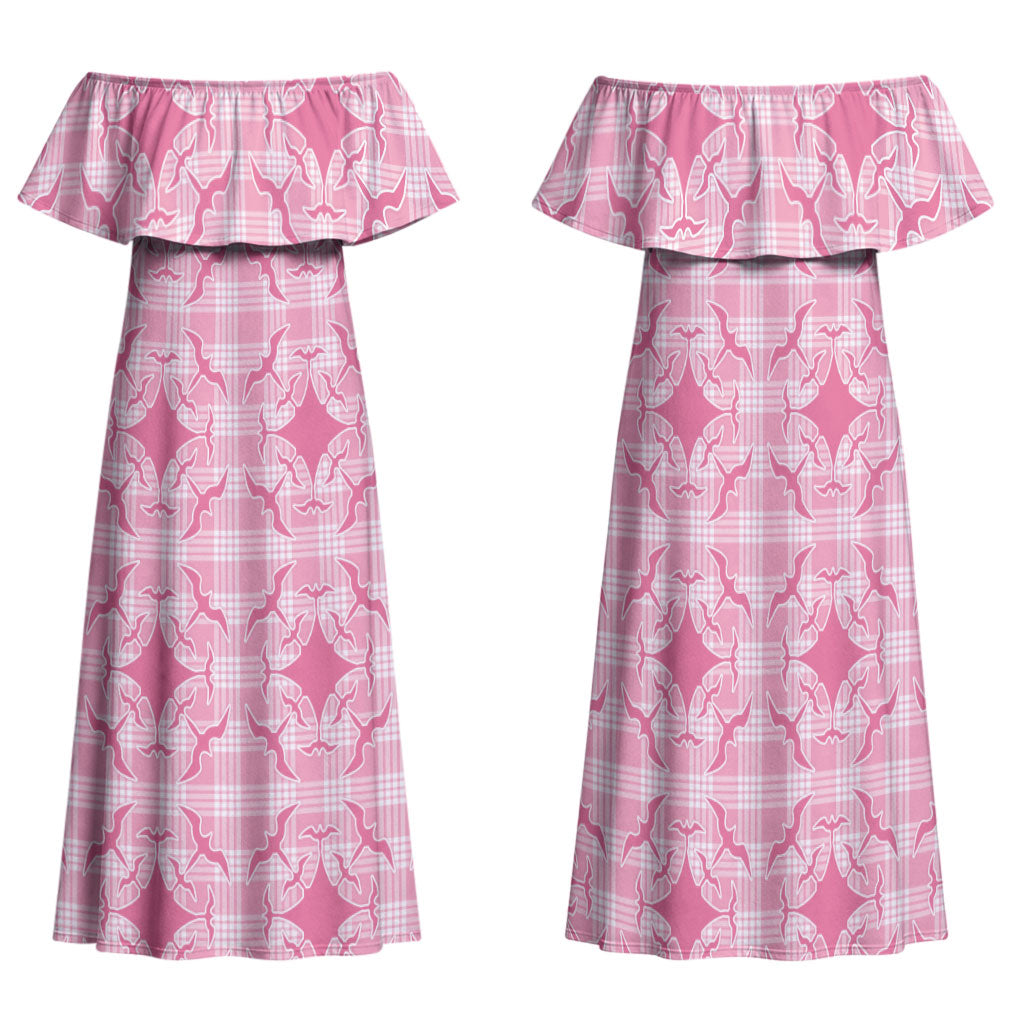Alaka Hawaii Iwa Bird Palaka Motifs Family Matching Off Shoulder Maxi Dress and Hawaiian Shirt LT14 Mom's Dress Pink - Polynesian Pride