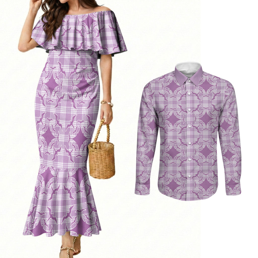 Poni Hawaii Iwa Bird Palaka Motifs Couples Matching Mermaid Dress and Long Sleeve Button Shirt LT14 Purple - Polynesian Pride