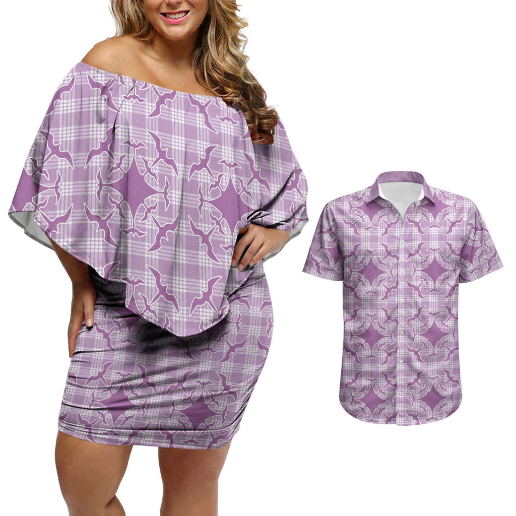 Poni Hawaii Iwa Bird Palaka Motifs Couples Matching Off Shoulder Short Dress and Hawaiian Shirt LT14 Purple - Polynesian Pride