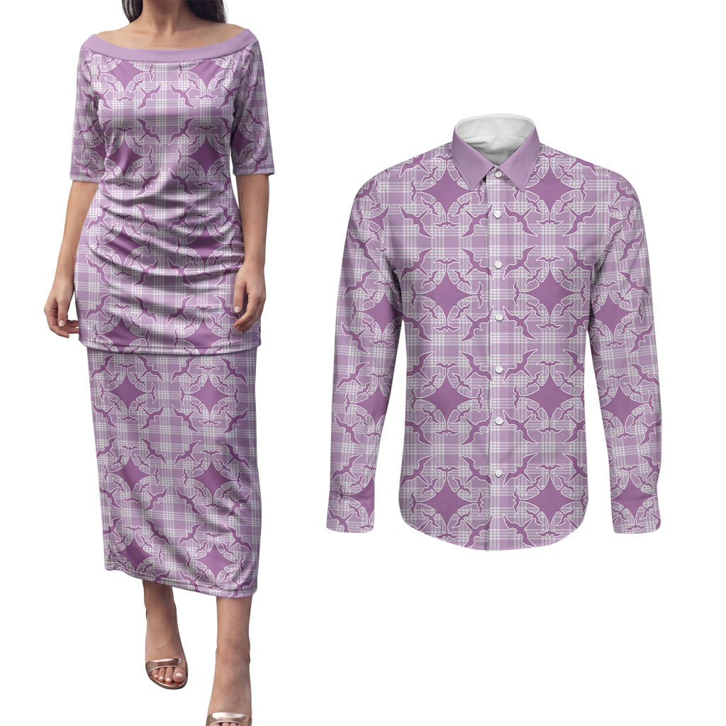 Poni Hawaii Iwa Bird Palaka Motifs Couples Matching Puletasi and Long Sleeve Button Shirt LT14 Purple - Polynesian Pride