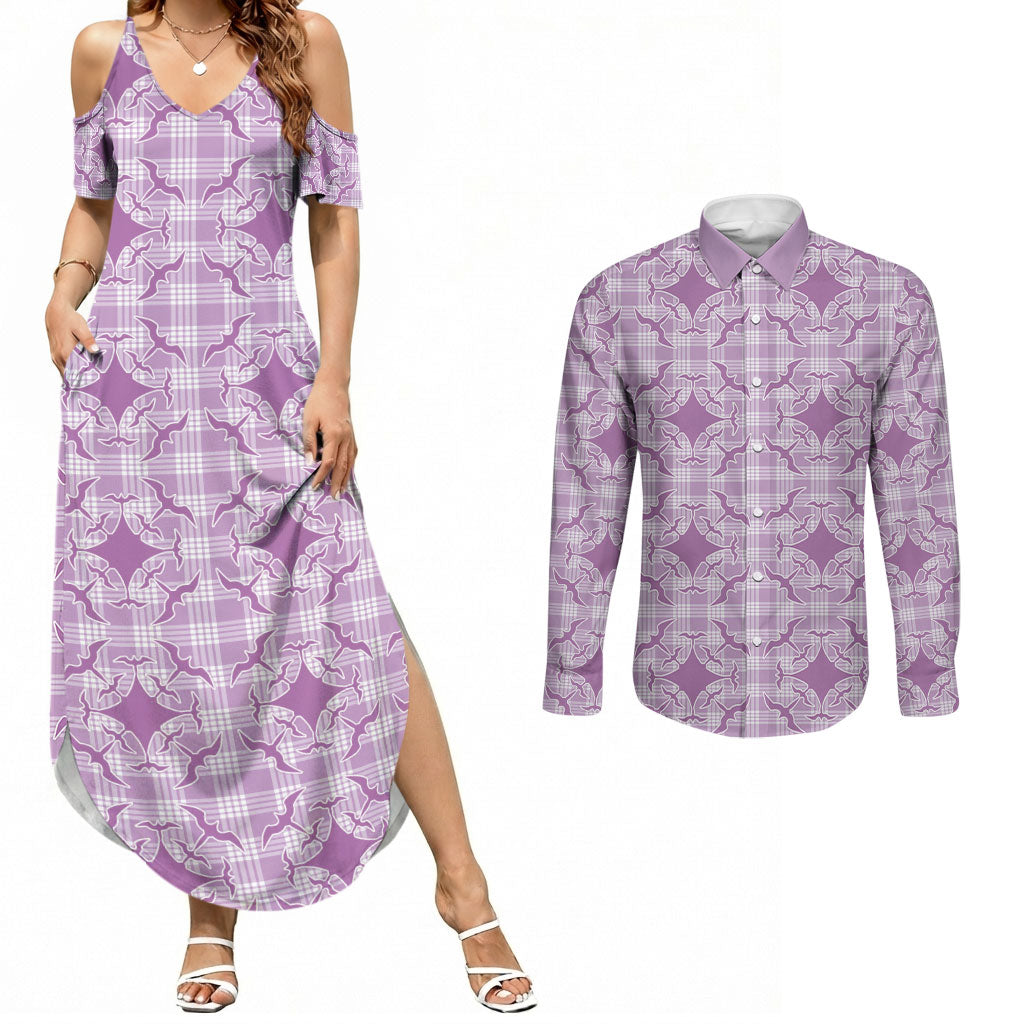 Poni Hawaii Iwa Bird Palaka Motifs Couples Matching Summer Maxi Dress and Long Sleeve Button Shirt LT14 Purple - Polynesian Pride