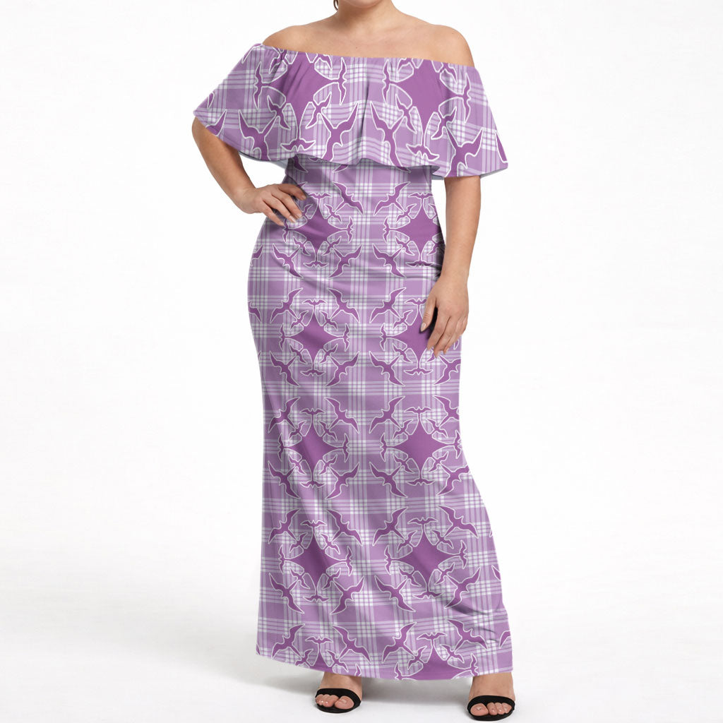 Poni Hawaii Iwa Bird Palaka Motifs Off Shoulder Maxi Dress LT14 Women Purple - Polynesian Pride
