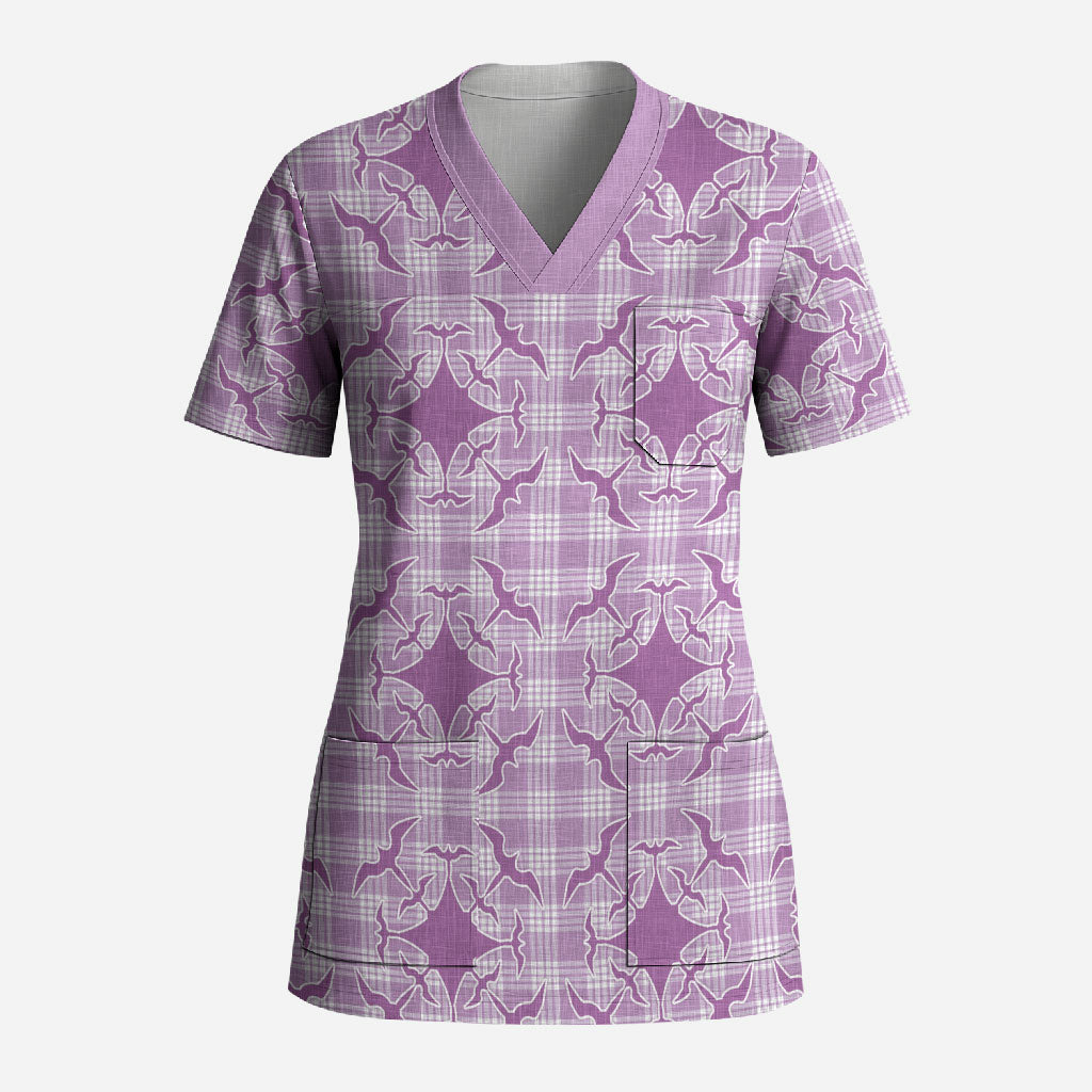Poni Hawaii Iwa Bird Palaka Motifs Scrub Top LT14 Adult Purple - Polynesian Pride
