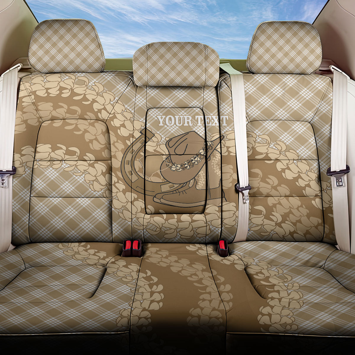 Makue Hawaii Cowboy Palaka Motifs Personalised Back Car Seat Cover Paniolo Festival Puakenikeni Lei LT14 One Size Brown - Polynesian Pride