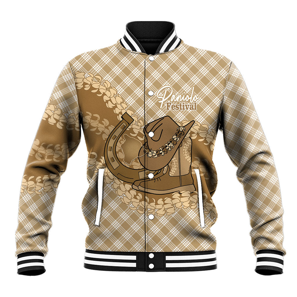 Makue Hawaii Cowboy Palaka Motifs Personalised Baseball Jacket Paniolo Festival Puakenikeni Lei LT14 Unisex Brown - Polynesian Pride