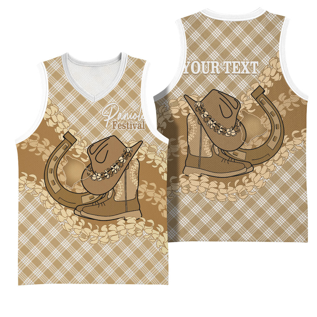Makue Hawaii Cowboy Palaka Motifs Personalised Basketball Jersey Paniolo Festival Puakenikeni Lei LT14 - Polynesian Pride