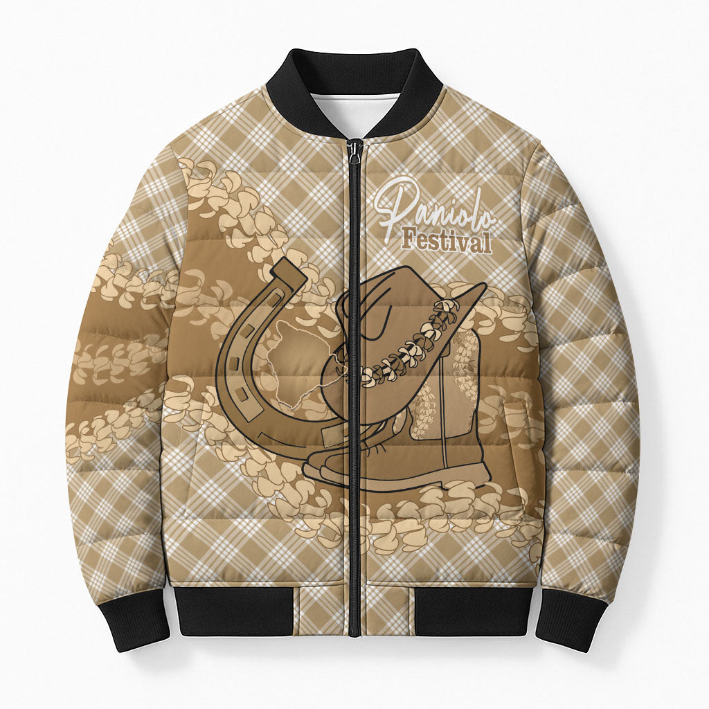 Makue Hawaii Cowboy Palaka Motifs Personalised Bomber Puffer Jacket Paniolo Festival Puakenikeni Lei LT14 Unisex Brown - Polynesian Pride